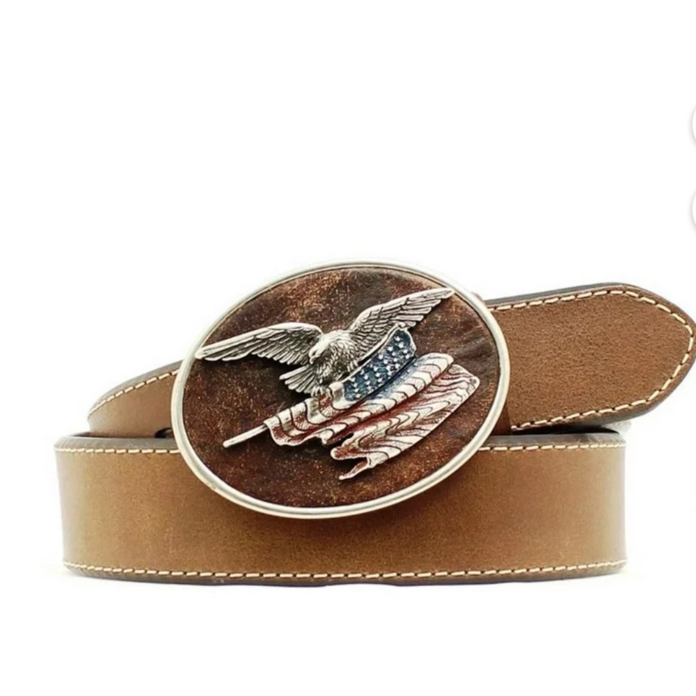 Nocona Western Belt Mens Leather Eagle Flag Buckle Brown N2411344. Size 32